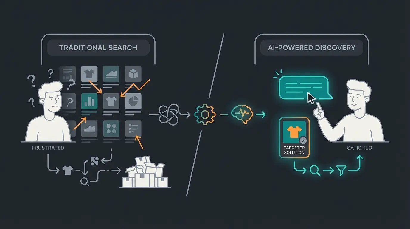 Visualization of the consultation gap in e-commerce showing users seeking advice but finding only product listings