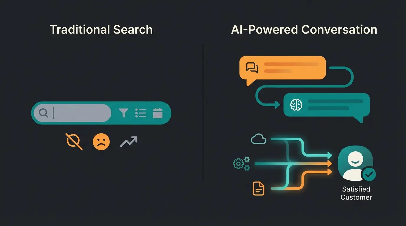 Comparison diagram showing traditional shop search versus AI-powered consultative commerce interaction flow
