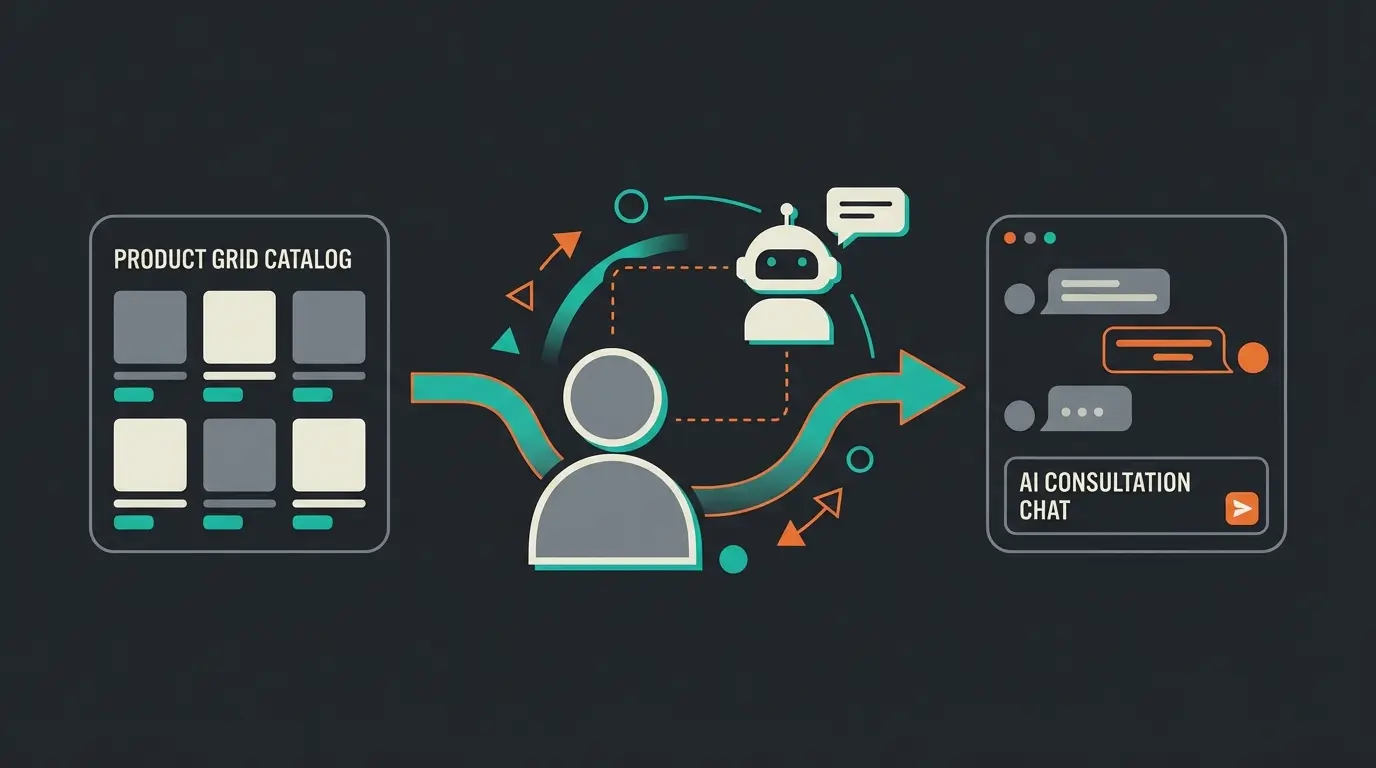 Illustration showing the evolution from static product catalogs to AI-powered consultation in e-commerce