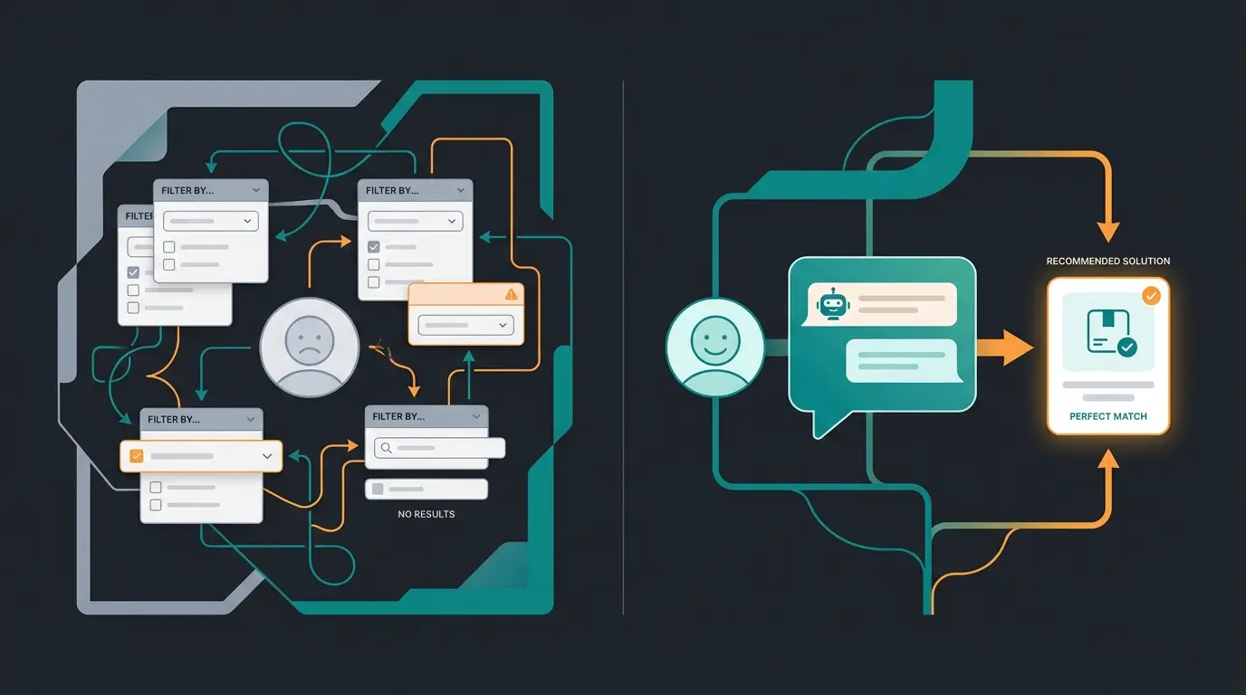 Comparison of traditional filter-based shopping versus AI consultation-based product discovery