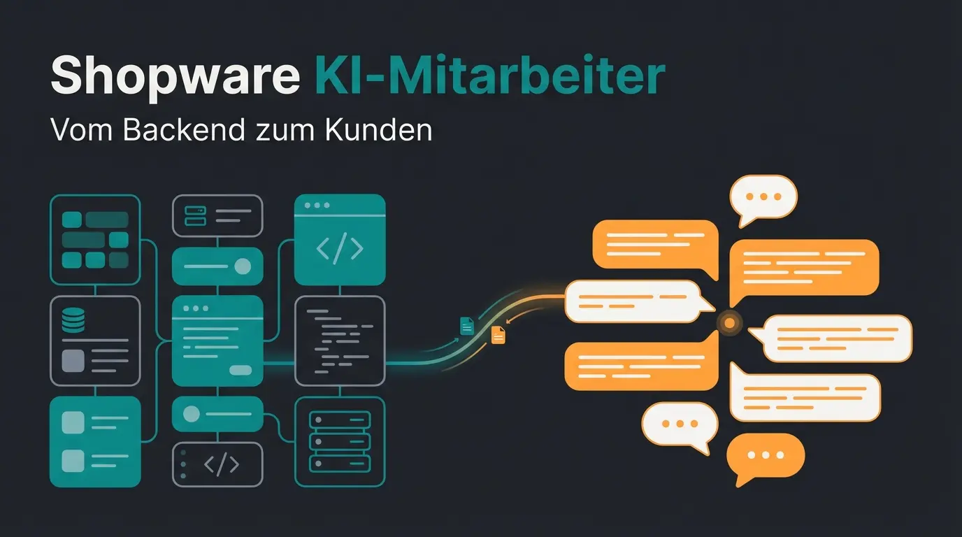 Abstract representation of Shopware AI connecting backend data with frontend customer dialogue