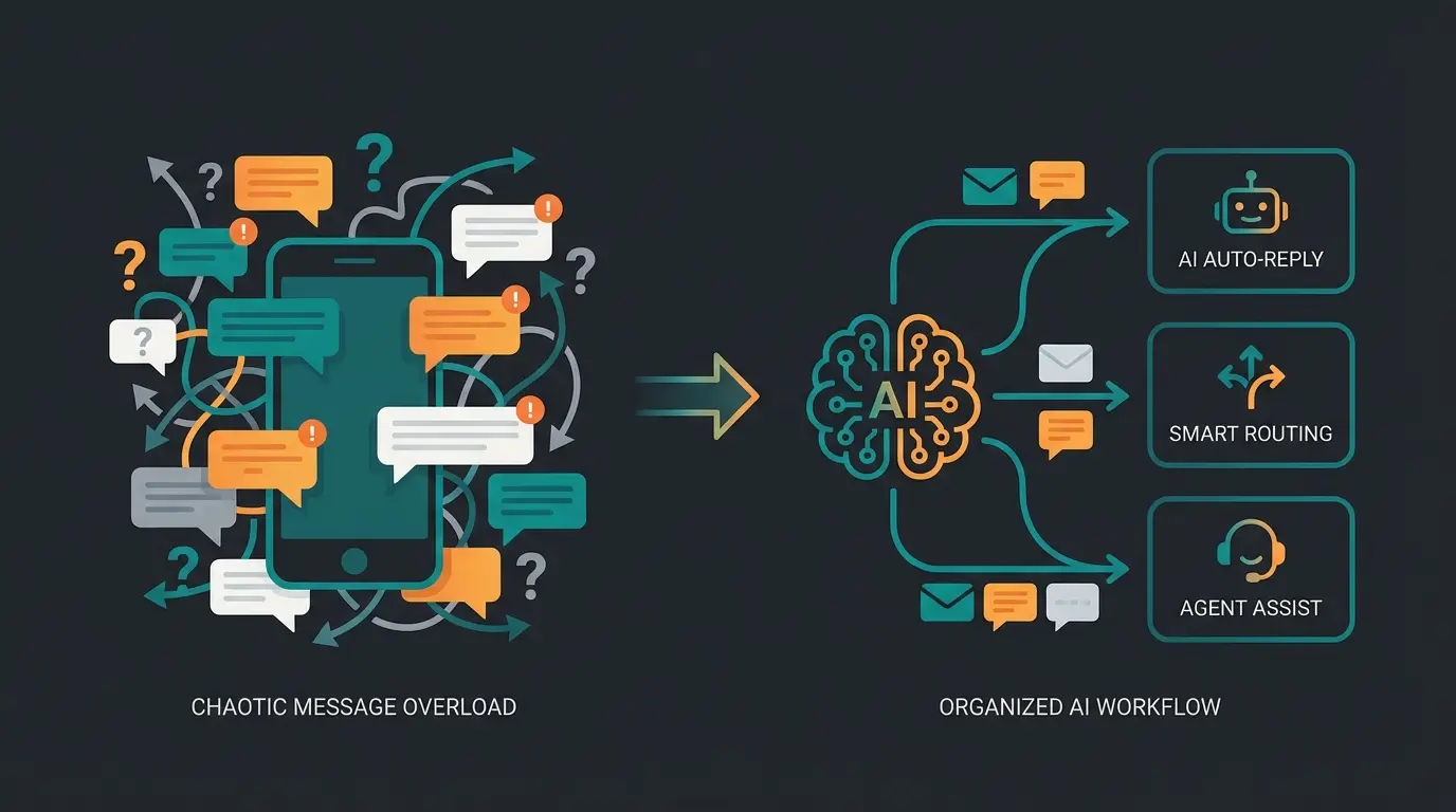 Infographic showing the reply chaos problem with manual WhatsApp broadcasts versus organized AI-handled responses