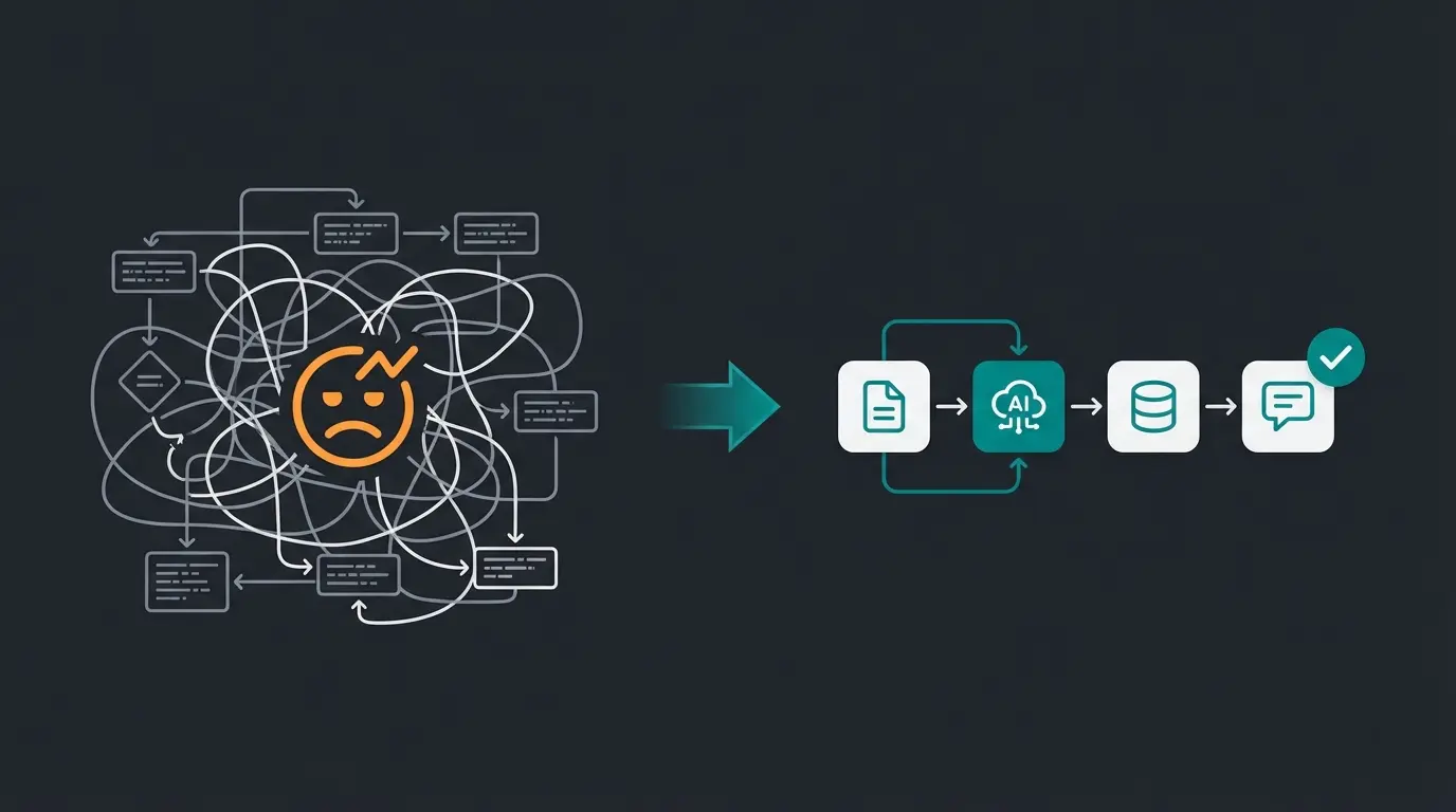 Visual comparison of complex decision tree spaghetti diagram versus clean AI prompt workflow