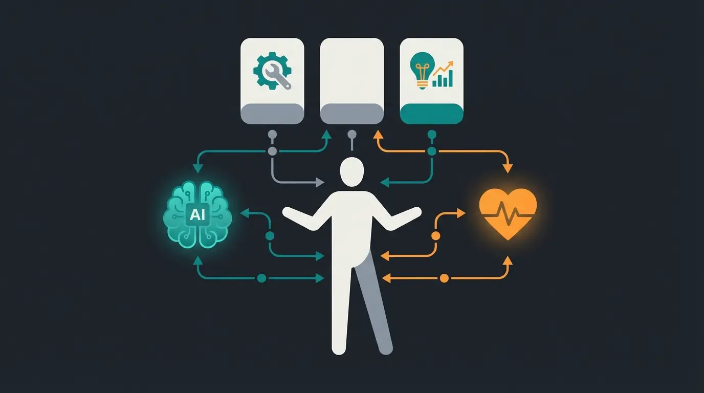 Visualisierung des KI-unterstützten Beraters mit den drei Kompetenzsäulen