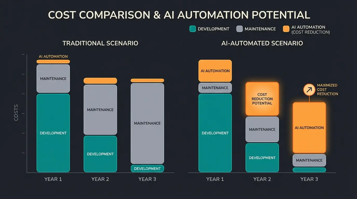 TCO comparison chart showing 3-year costs for standard vs AI-powered Magento shop
