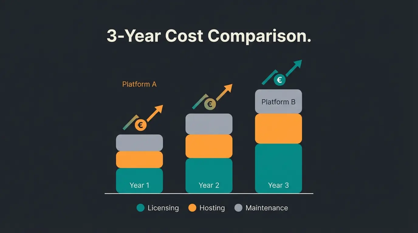 Cost comparison visualization showing Shopware vs Shopify total cost of ownership over three years