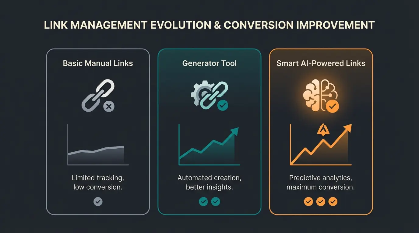 Comparison visualization of manual, generator, and smart link approaches for WhatsApp marketing