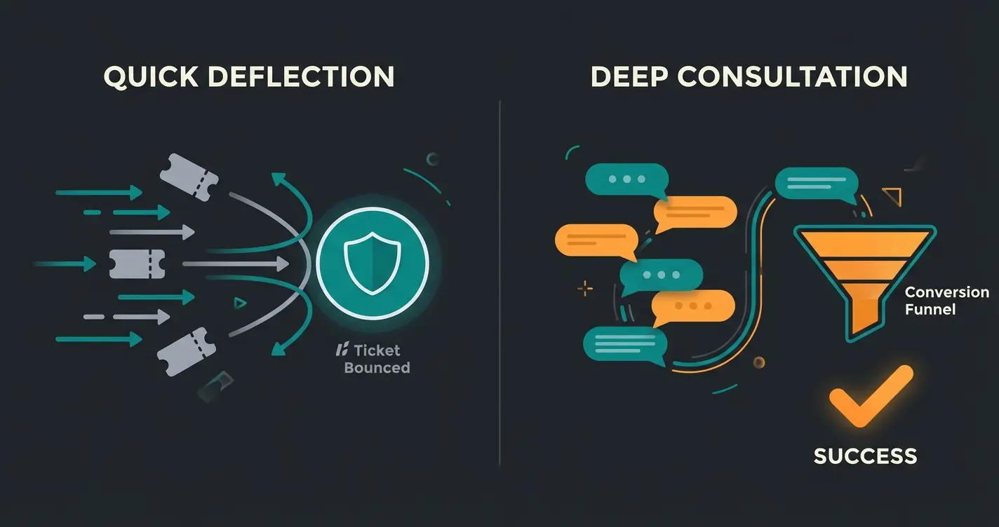 Comparison diagram showing deflection-focused AI versus consultation-focused AI approaches
