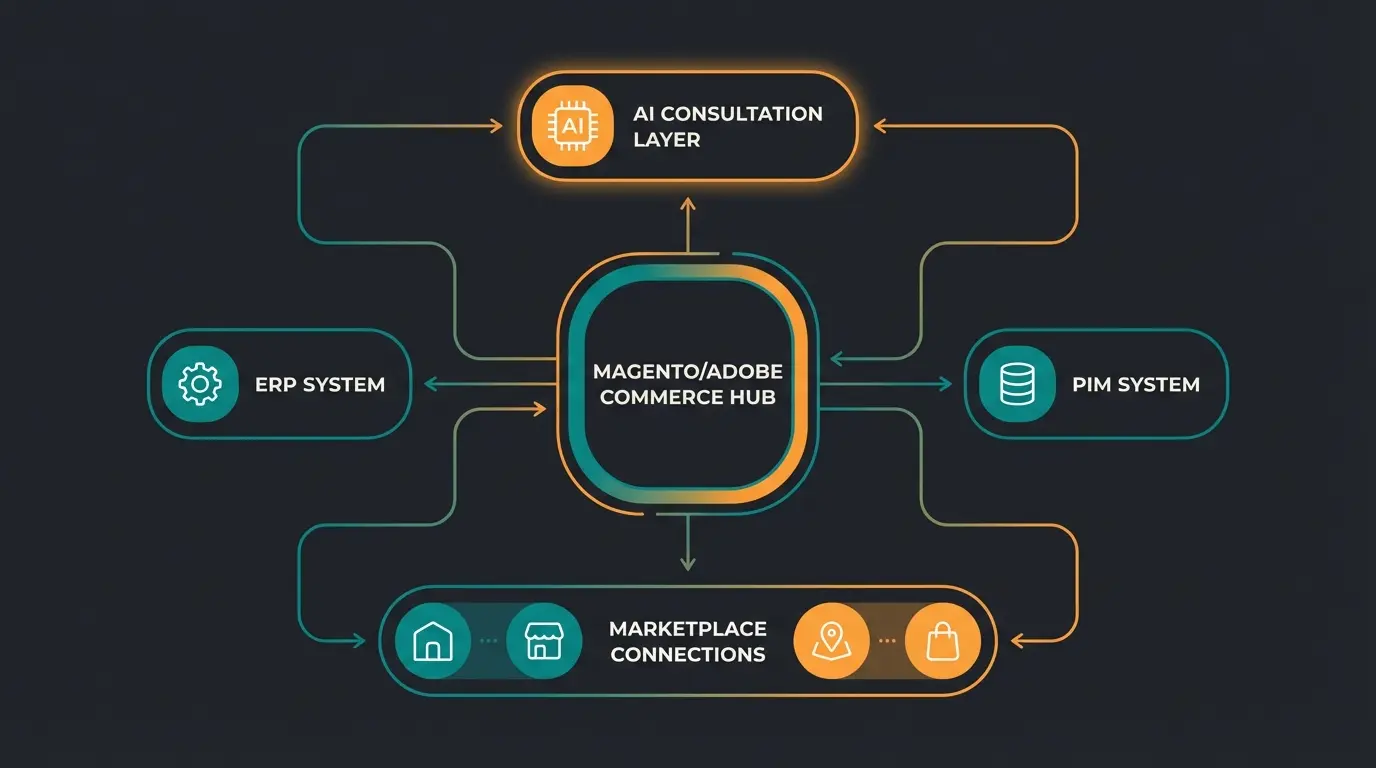 Magento B2B tech stack diagram showing integrations with ERP, PIM, and AI consultation layer