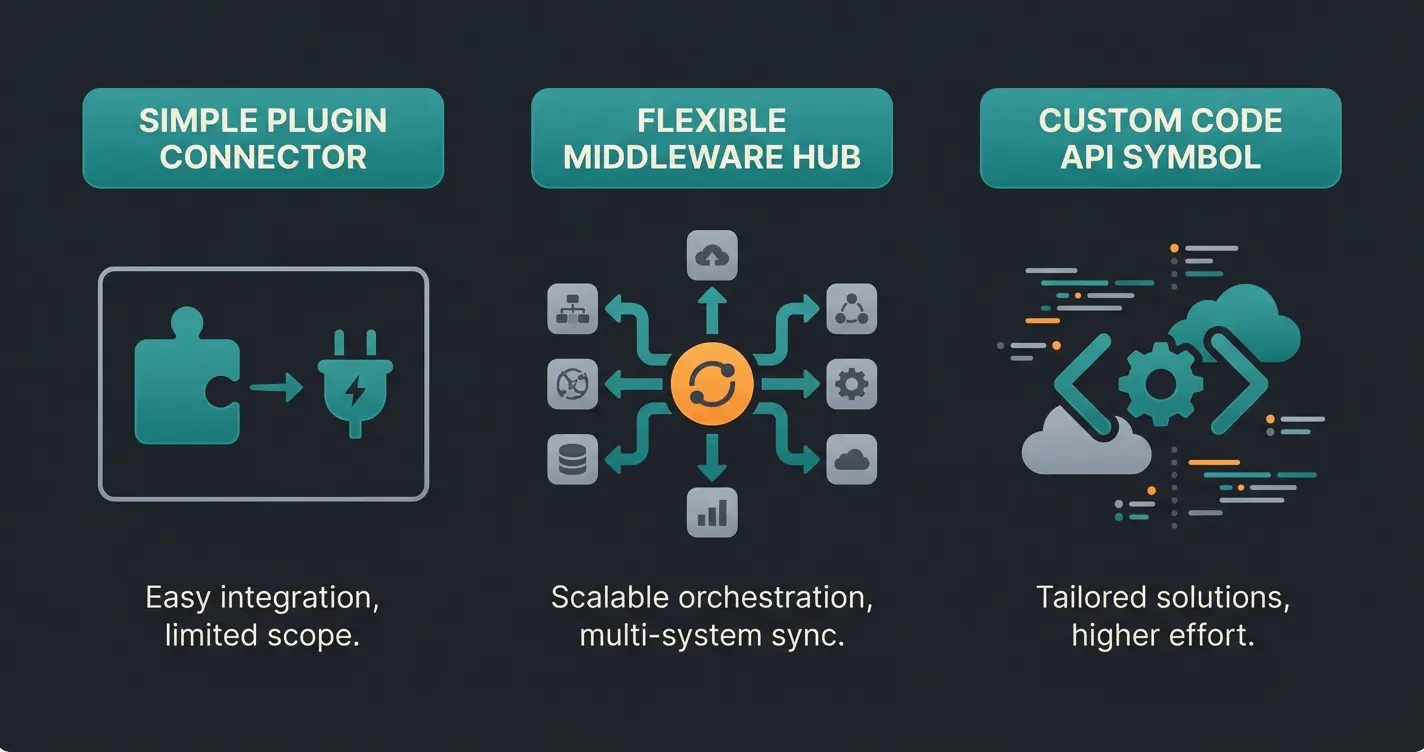 Three integration methods comparison showing plugin, middleware, and custom API approaches