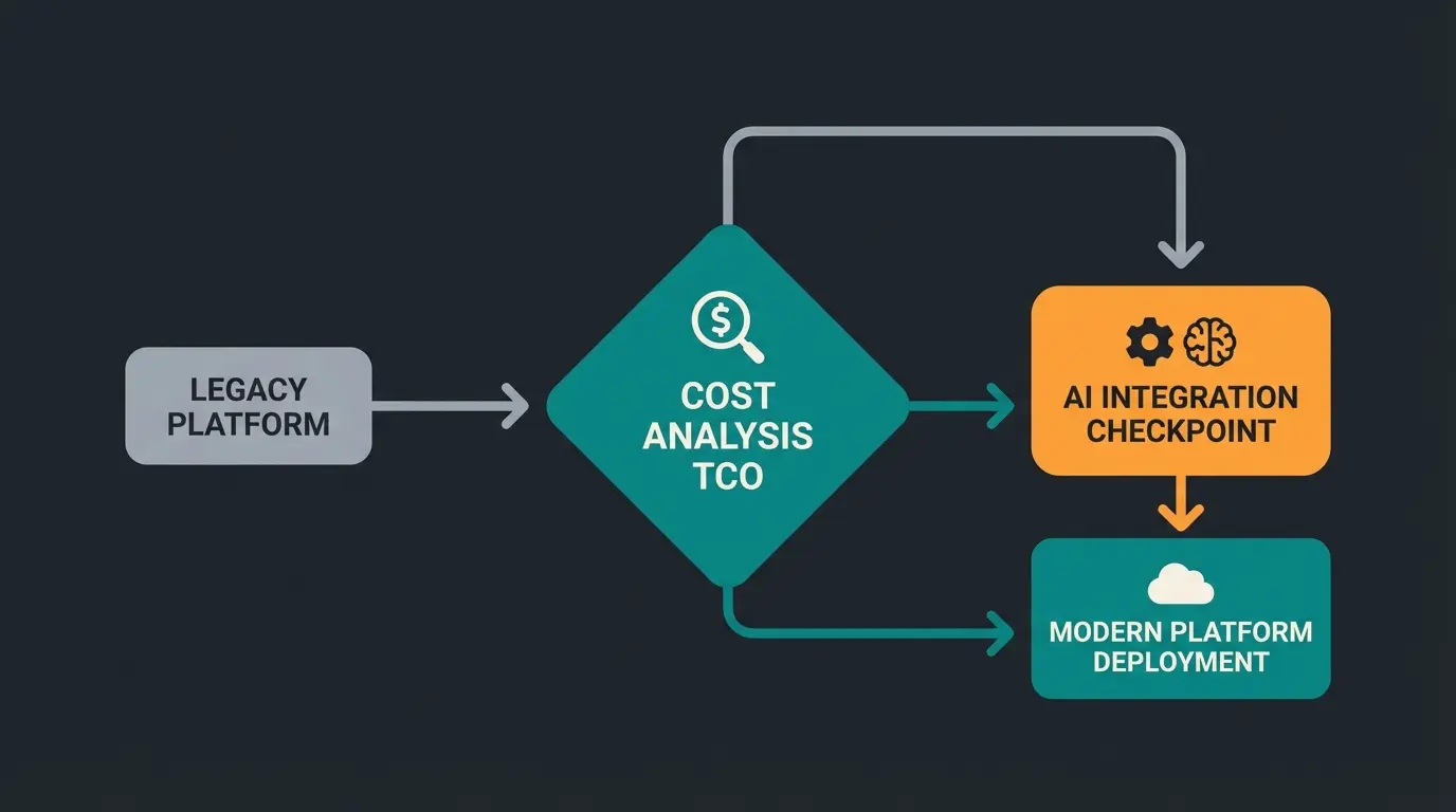 Migration decision flowchart showing when to switch from OXID to Shopware with AI consultation layer