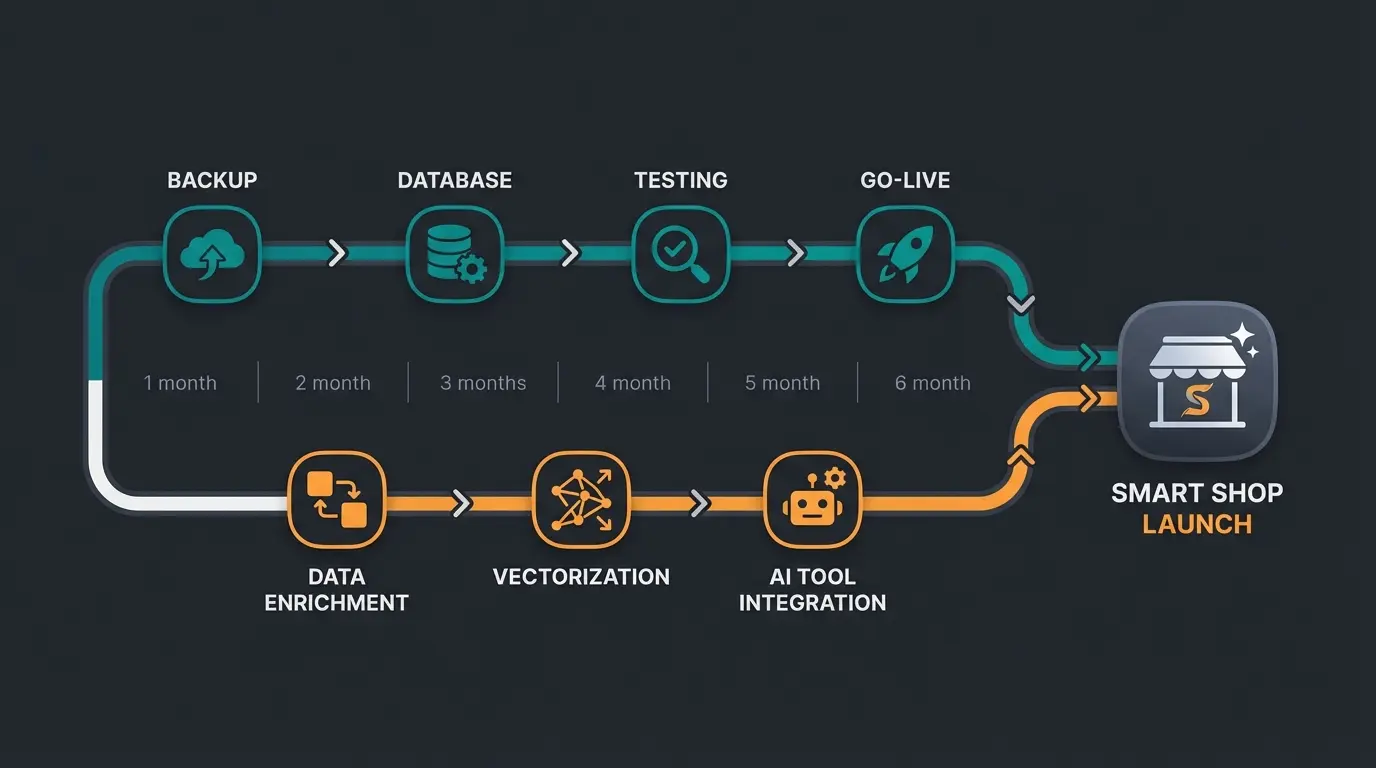 Timeline infographic showing parallel tracks for standard migration and AI integration milestones