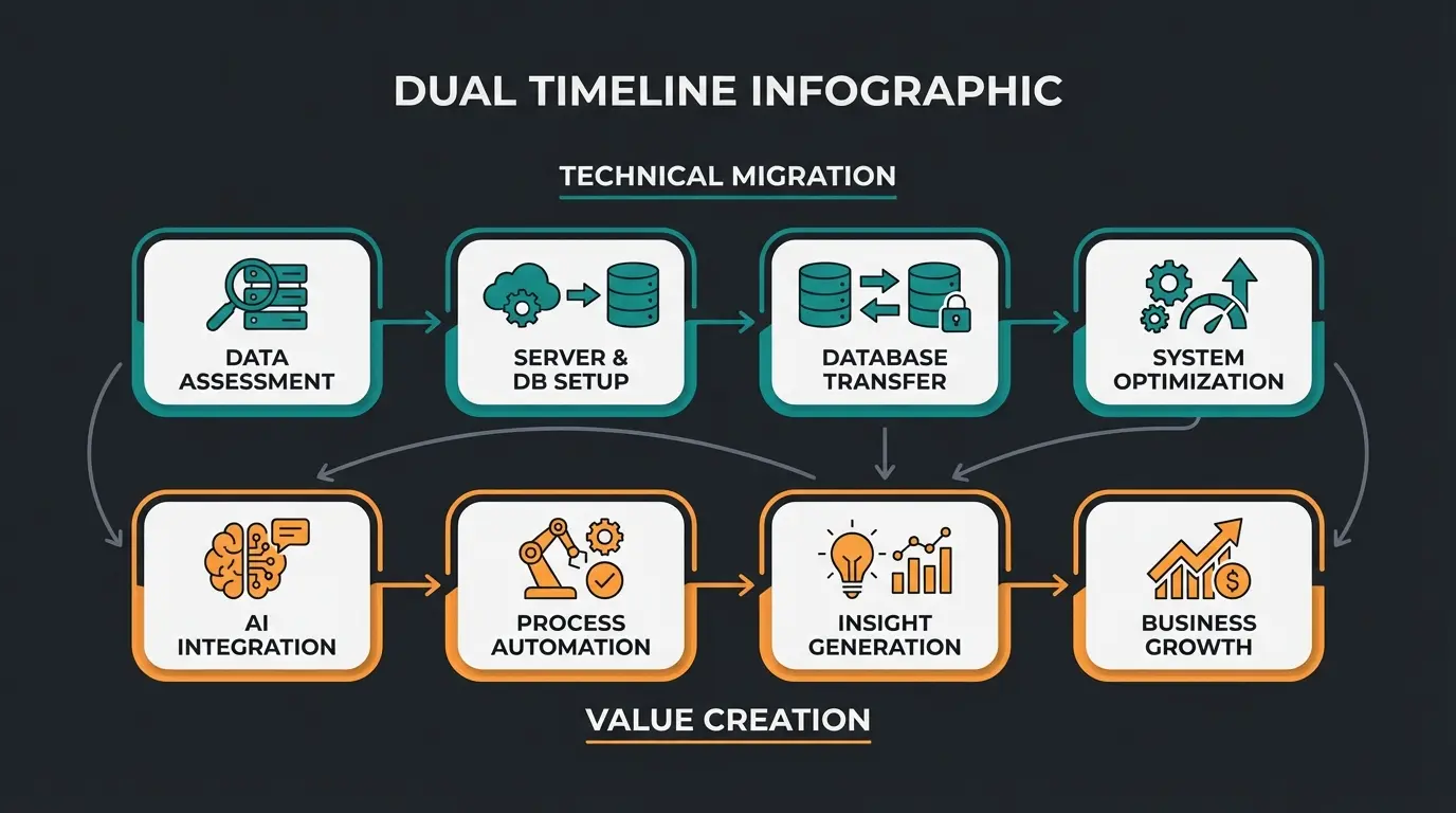 Migration timeline showing parallel technical and value creation tracks