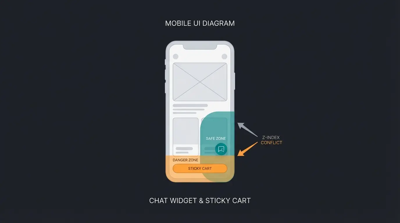 Mobile phone screen wireframe showing AI chat widget safe zones versus danger zones where sticky elements block chat buttons