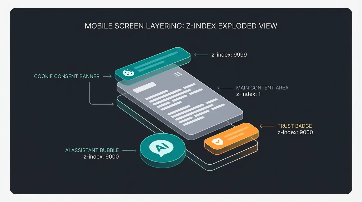 Technical diagram showing proper z-index layering for AI chatbot, cookie banner, and trust badges on mobile Shopware theme