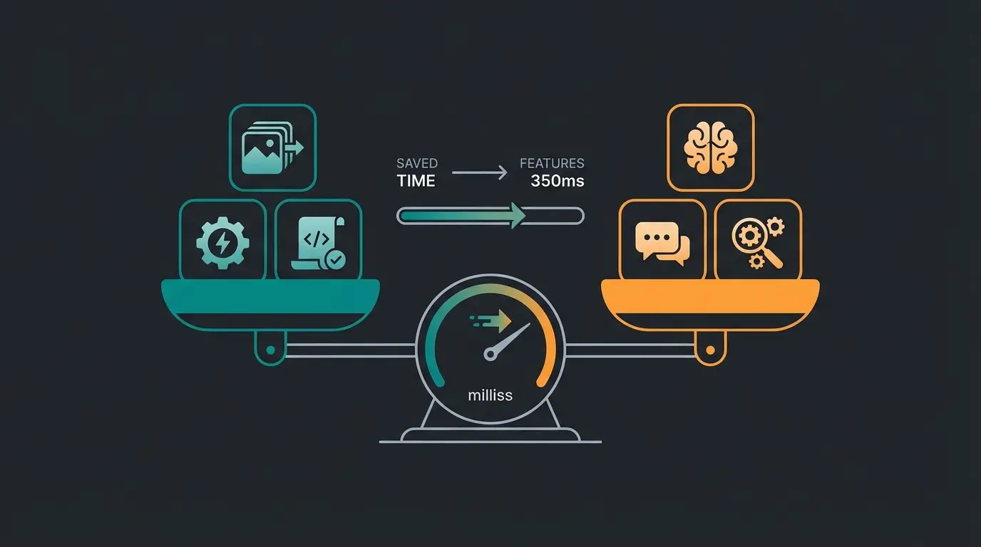 Performance Budget Strategie visualisiert als Waage mit Speed und Features