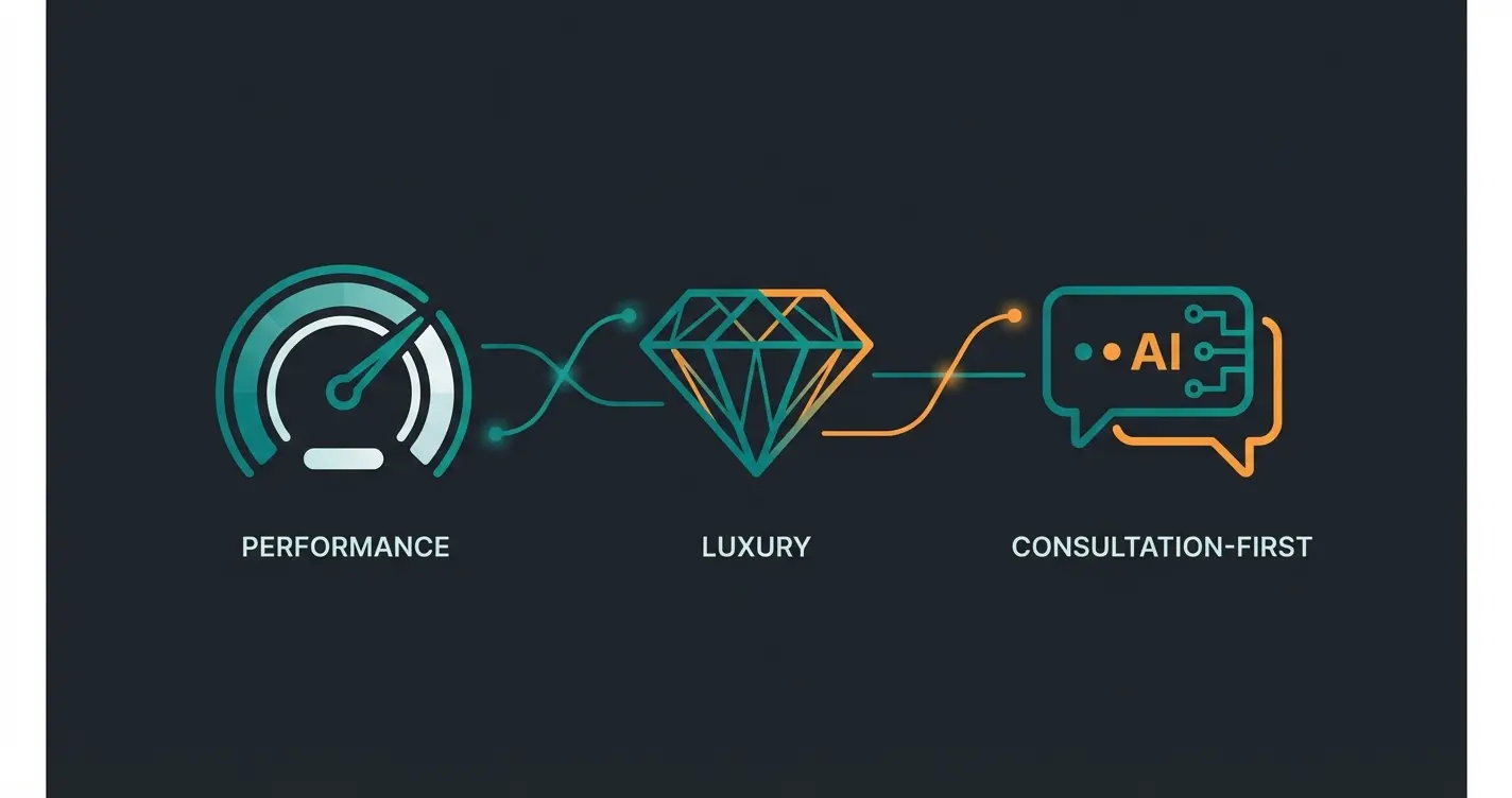 Shopify theme comparison showing different categories including performance luxury and consultation-first themes