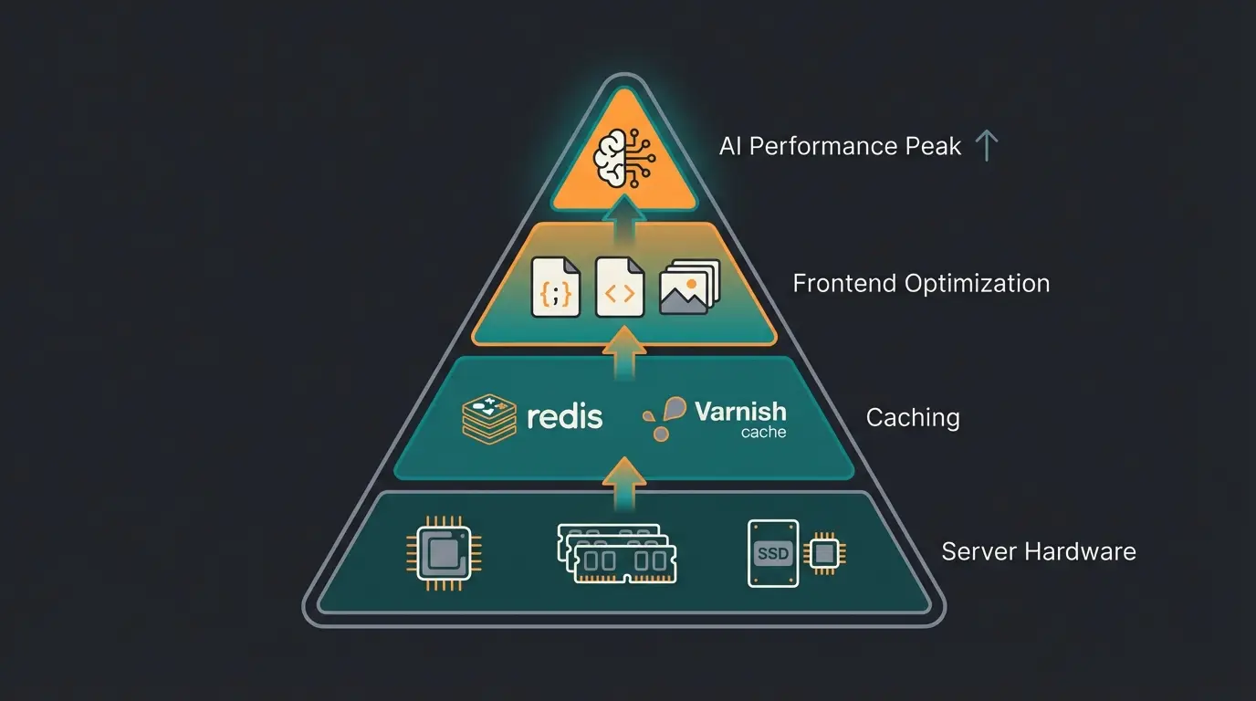 Shopware Performance Stack mit Hosting, Caching und Frontend-Optimierung als Pyramide