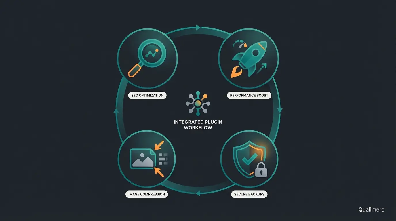 Essential WooCommerce plugin stack showing SEO, performance, backup, and image optimization tools