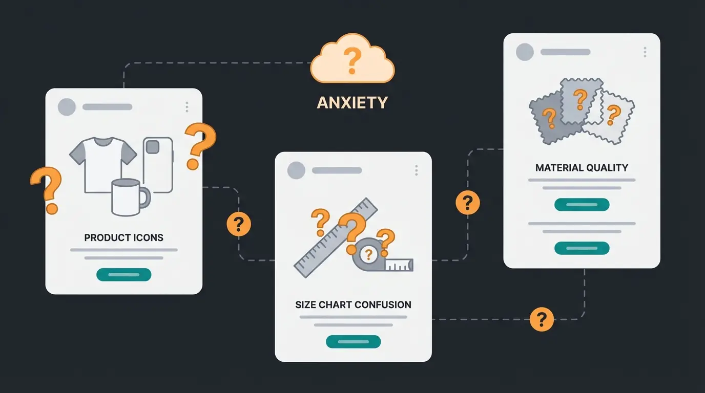 Customer confusion points in print on demand shopping showing sizing and quality concerns