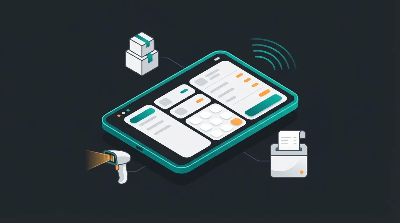 Modern Shopware POS tablet interface showing inventory sync and customer data
