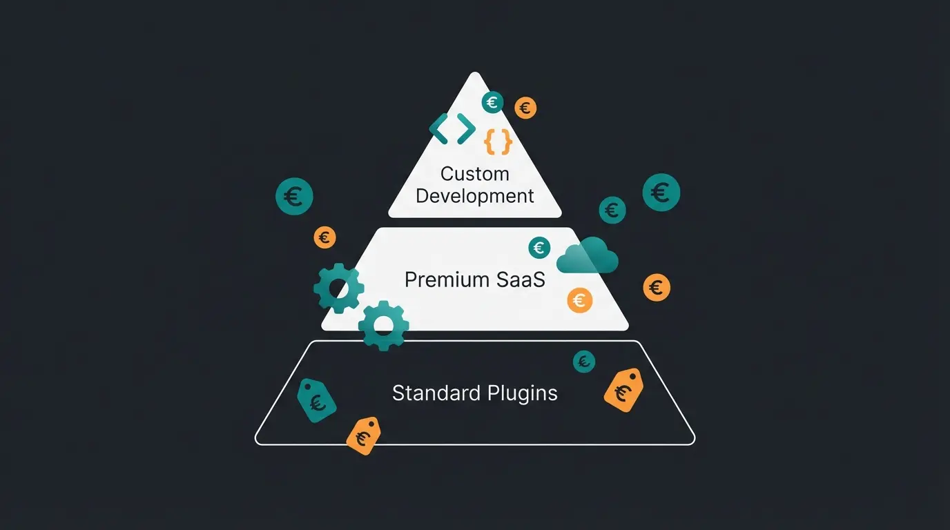 Plugin cost pyramid showing three tiers of Shopware plugin pricing