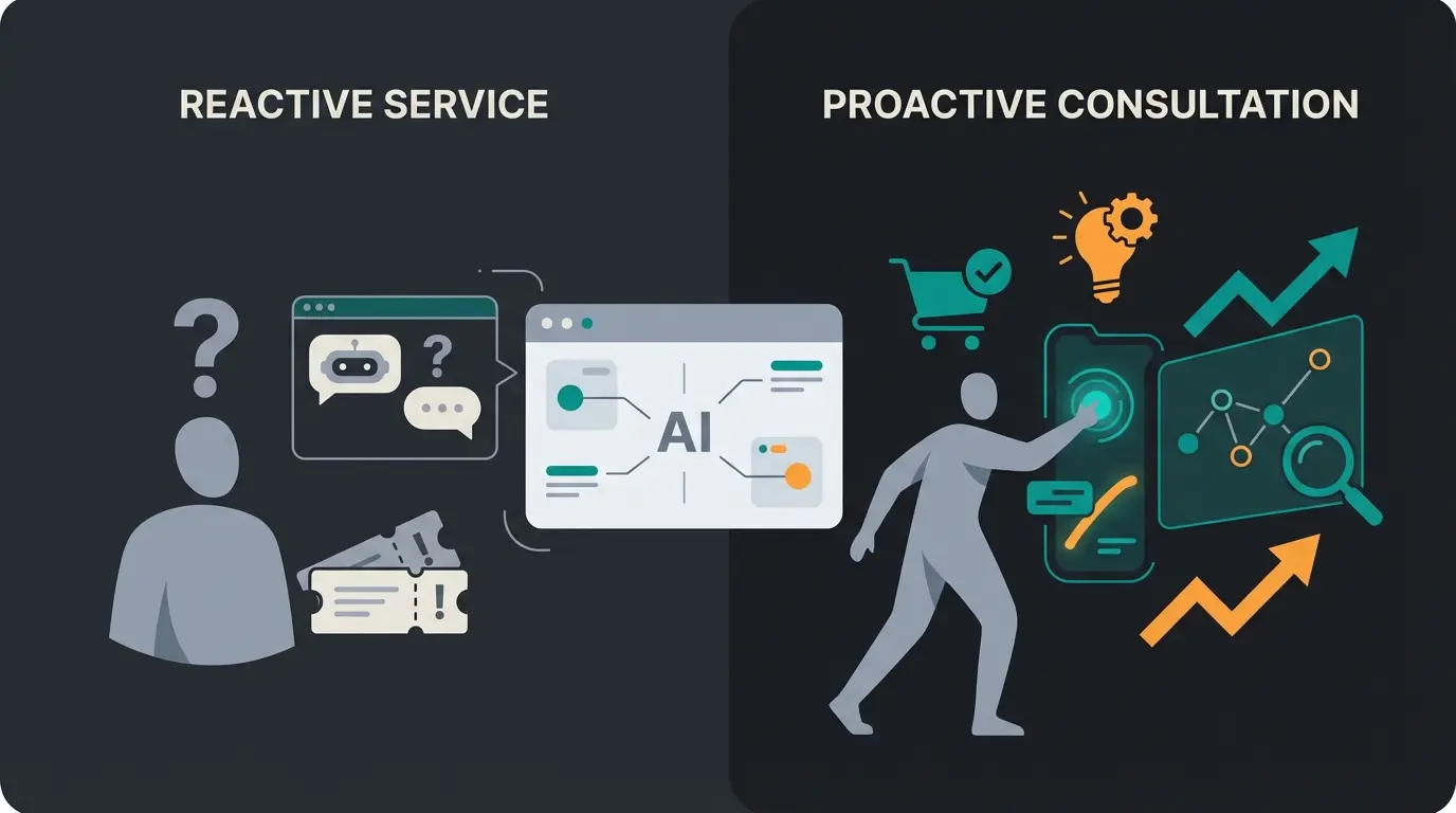 Visual comparison of reactive service vs proactive consultation approach in AI customer service