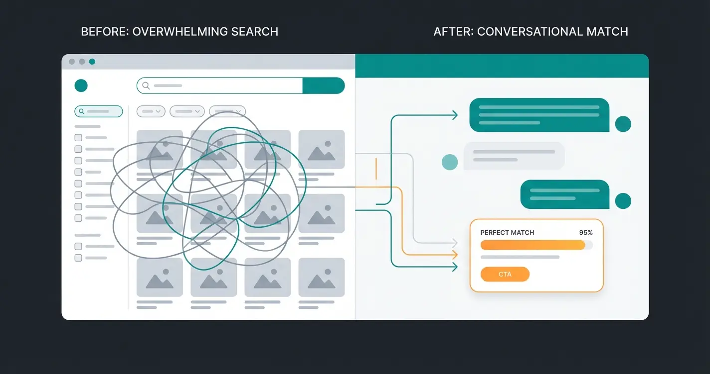 Comparison between traditional product search with filters and AI-powered conversational product consultation