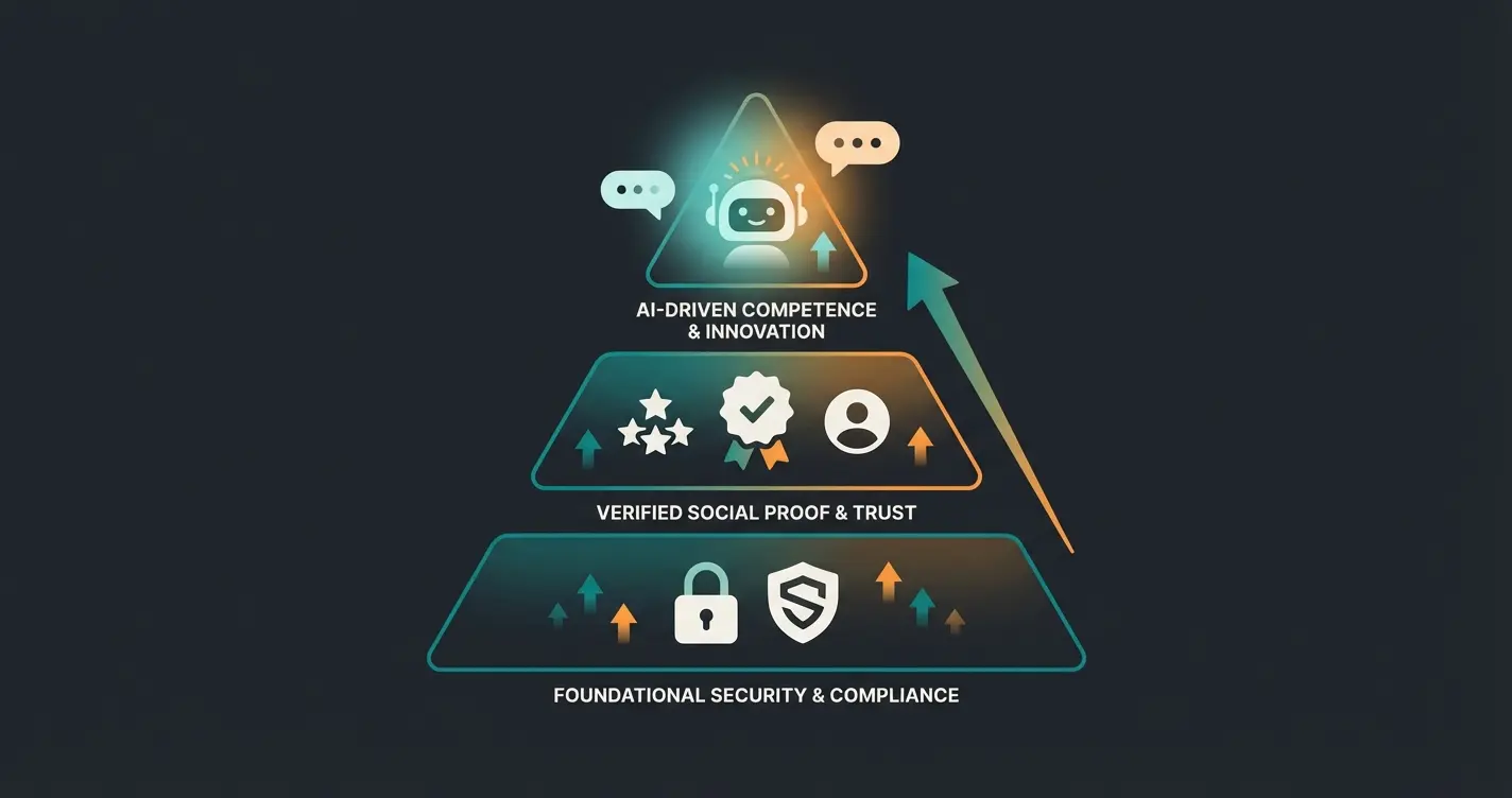 E-commerce trust pyramid with three levels showing technical security at base, social proof in middle, and AI consultation at top