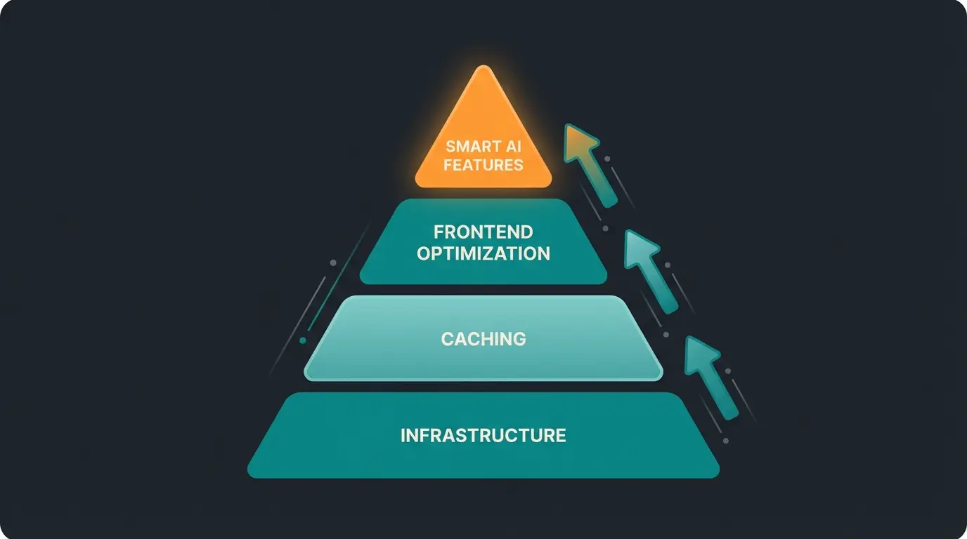 Performance budget pyramid showing infrastructure to AI features hierarchy