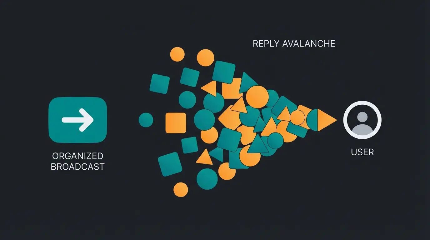 Reply avalanche problem visualization showing overwhelming message volume