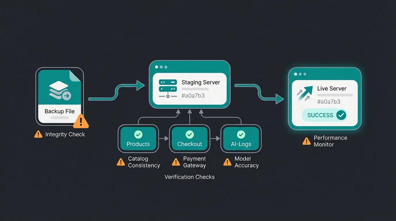 Restore process flowchart showing staging environment testing before live deployment