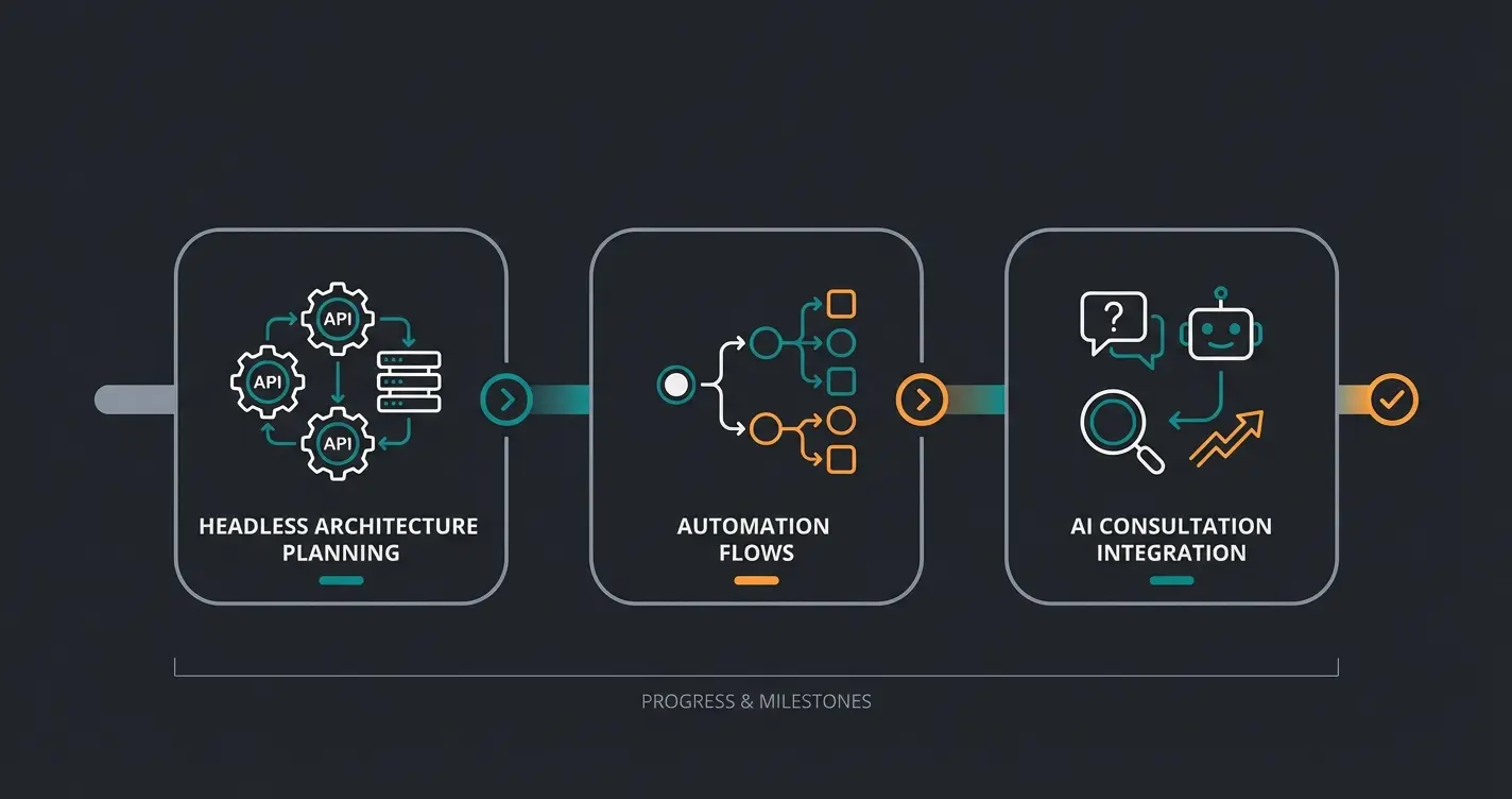 Visual roadmap showing three-step implementation strategy for Shopware with AI integration