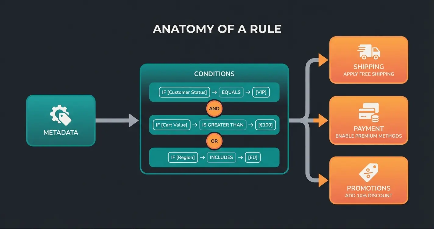 Shopware Rule Builder Anatomie mit Bedingungen, Operatoren und Zuweisungen
