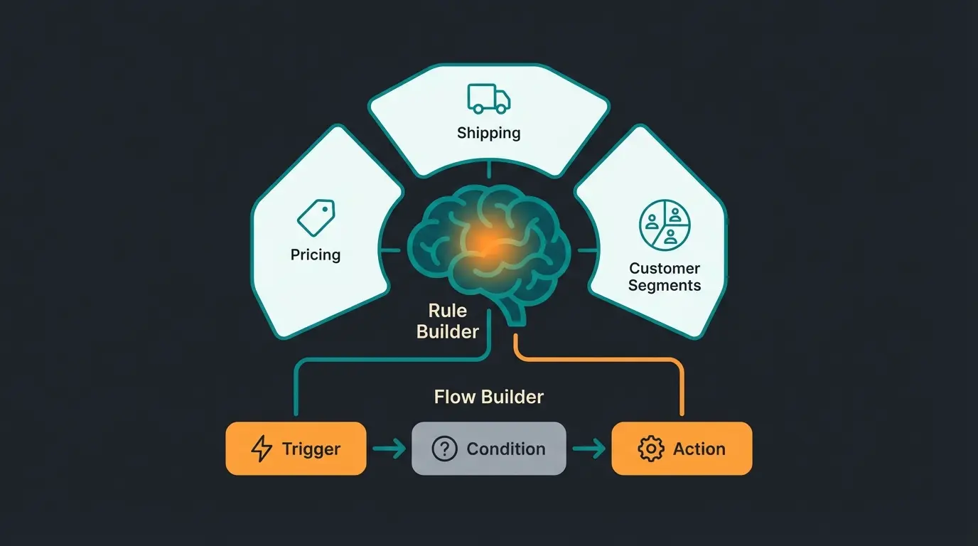 Shopware Rule Builder and Flow Builder integration diagram showing automation workflows