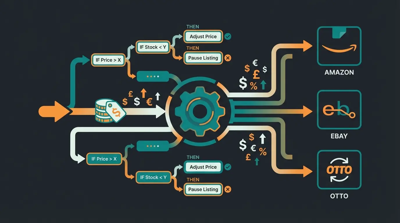Magnalister Shopware 6 interface showing Rule Builder integration for dynamic marketplace pricing