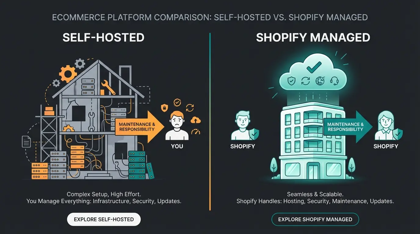 Comparison diagram showing Shopify SaaS model versus self-hosted e-commerce solutions