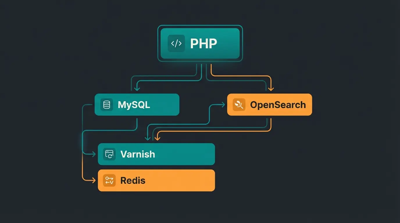 Magento 2 technical architecture diagram showing server stack components