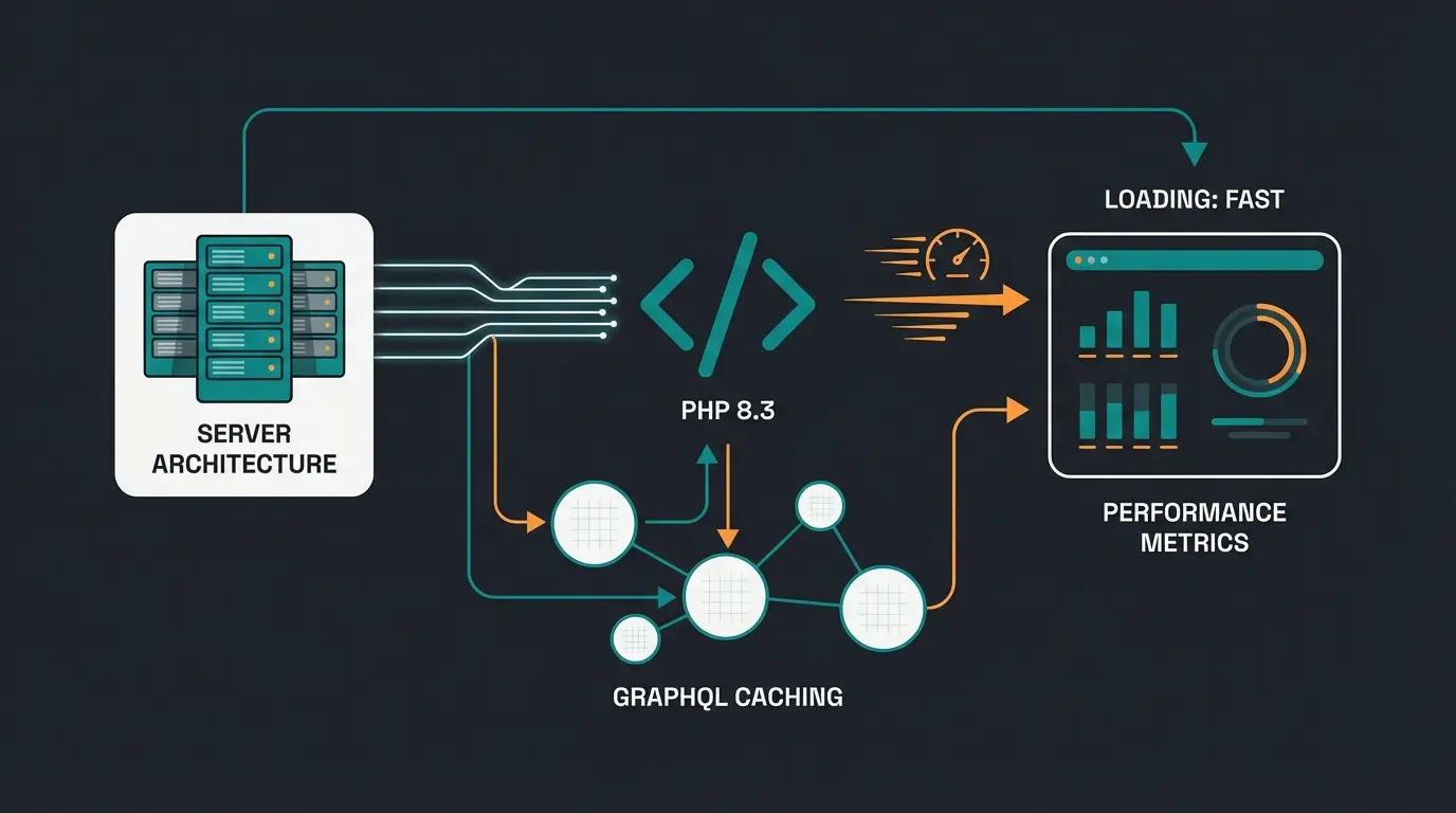 Magento 2.4.7 technical SEO improvements diagram showing PHP 8.3 and GraphQL caching benefits