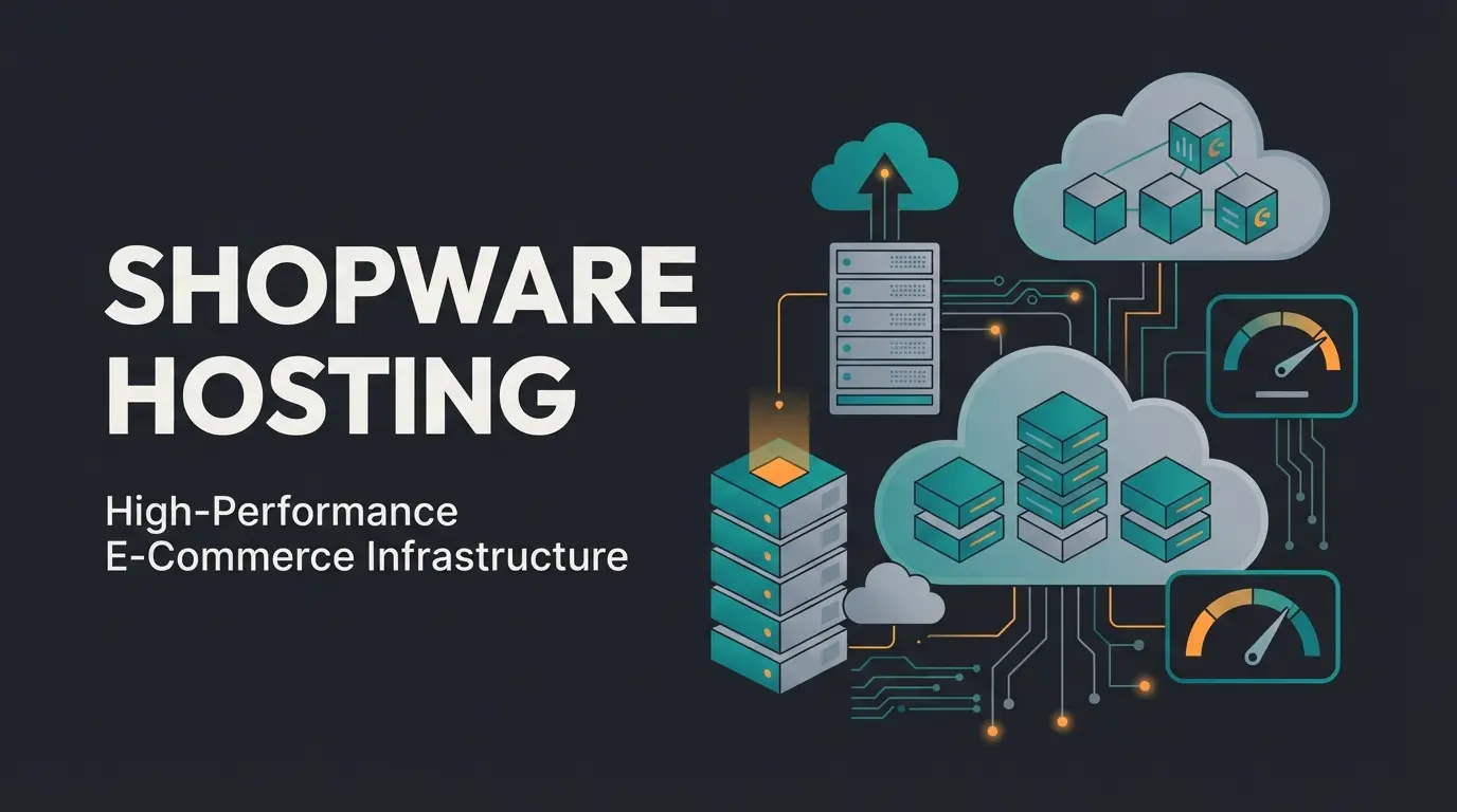 Shopware hosting infrastructure visualization with performance metrics and AI integration elements
