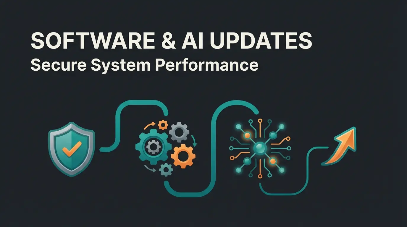 Shopware update process visualization with security and AI integration elements