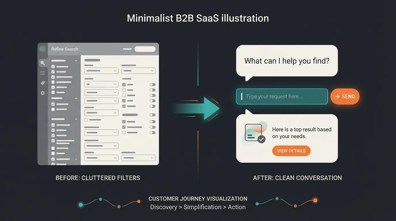 Before and after comparison showing complex filters versus simple AI consultation questions