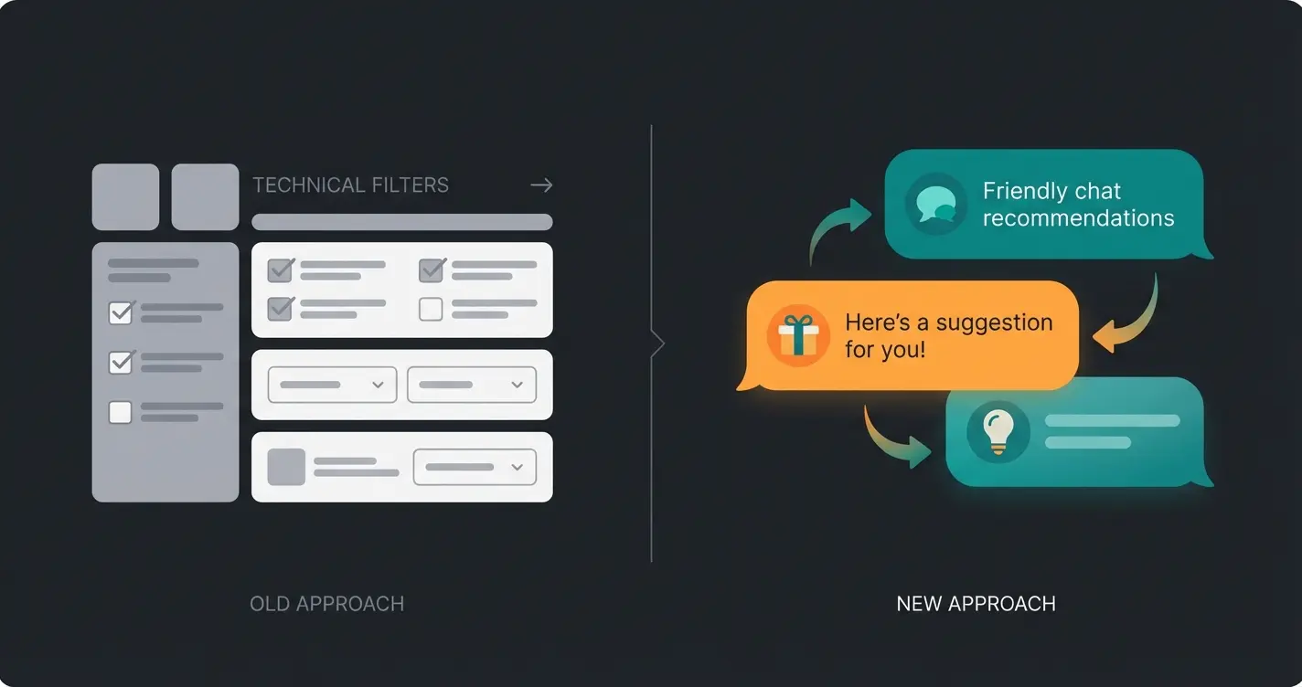 Split screen comparison showing traditional filter sidebar versus conversational AI chat interface