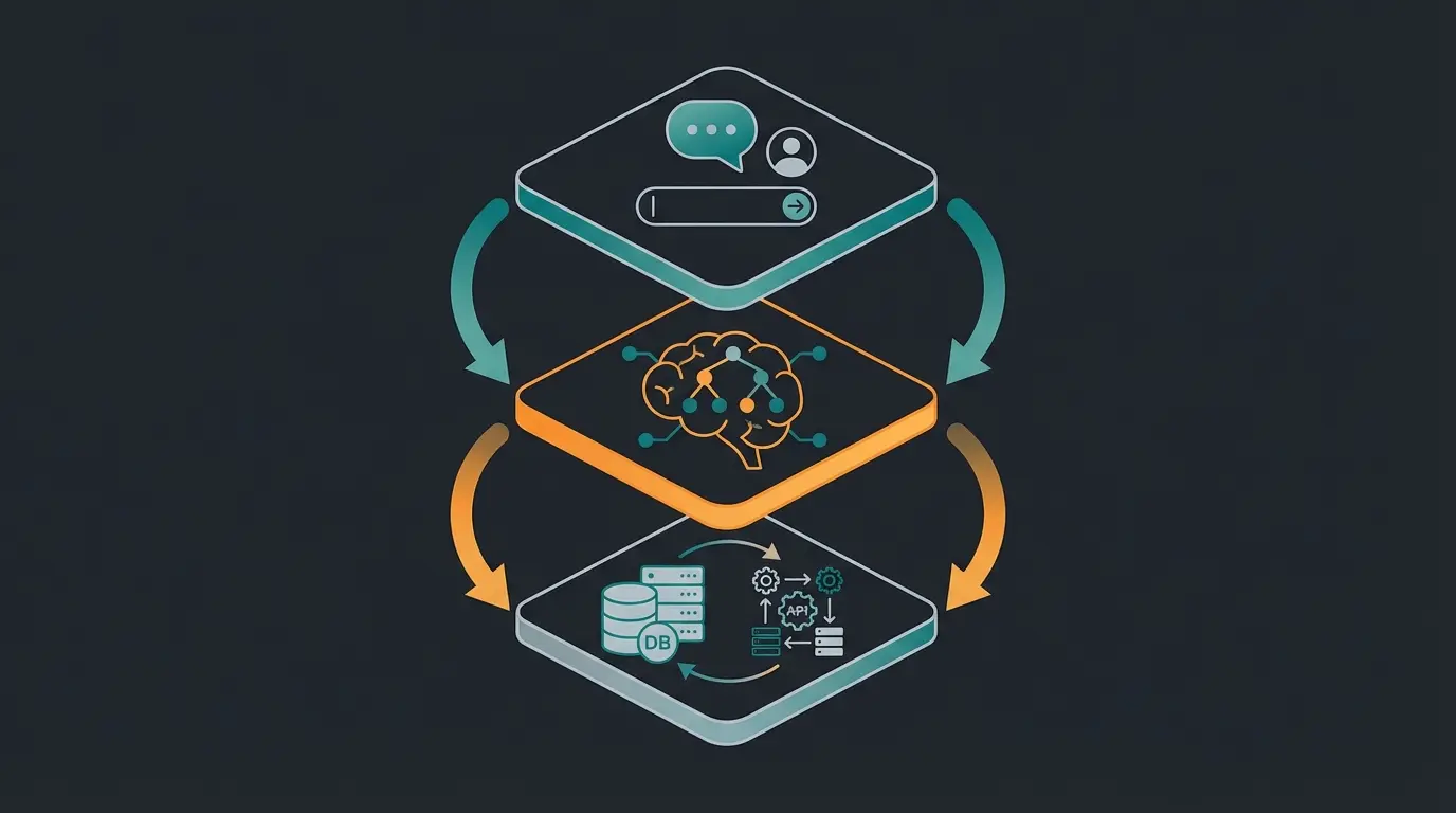 Tech-Stack Diagramm: Intercom als Interface, Fin Procedures als Gehirn, Custom Actions als Hände