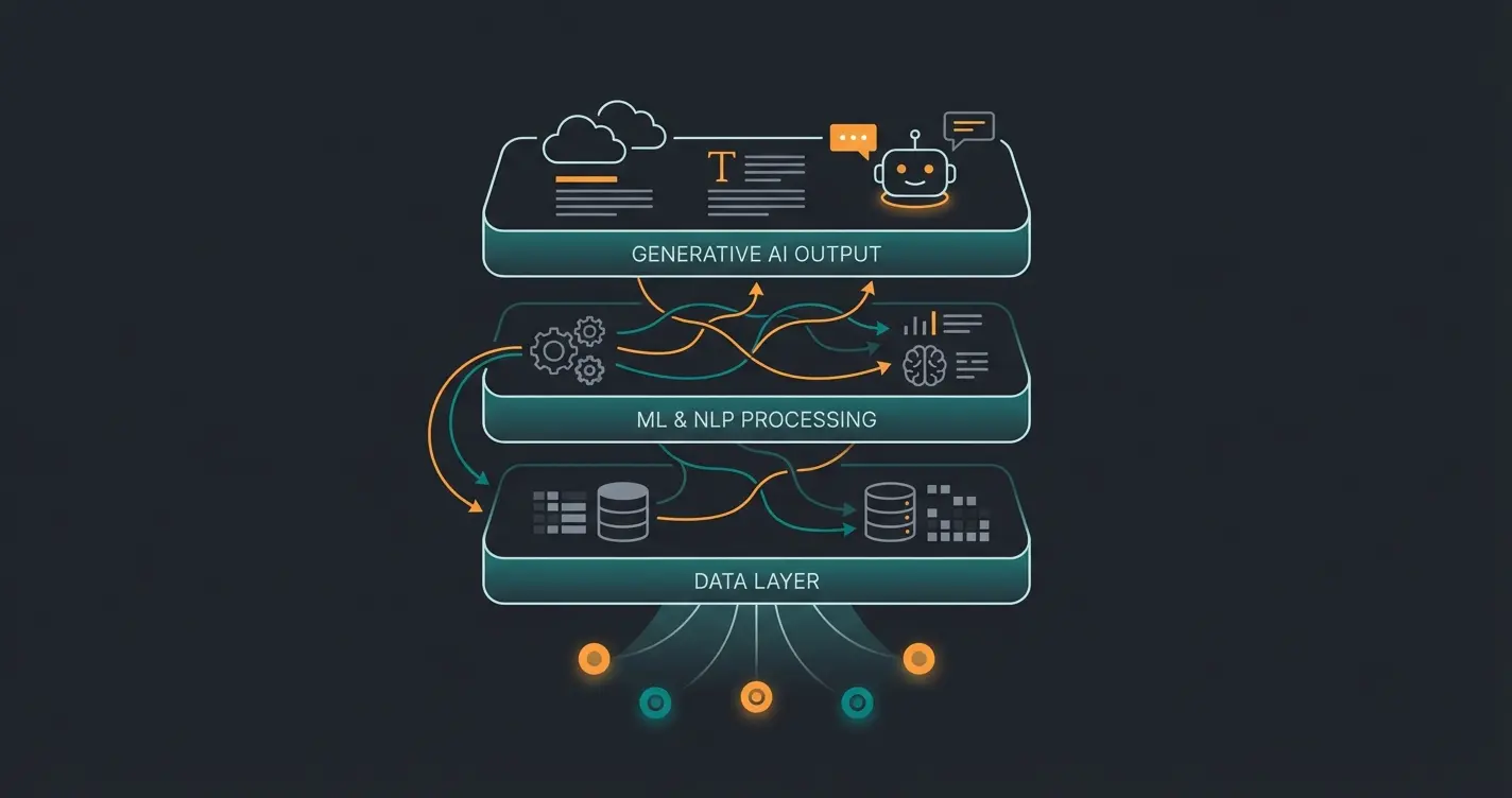AI technology stack showing machine learning, NLP, and generative AI layers