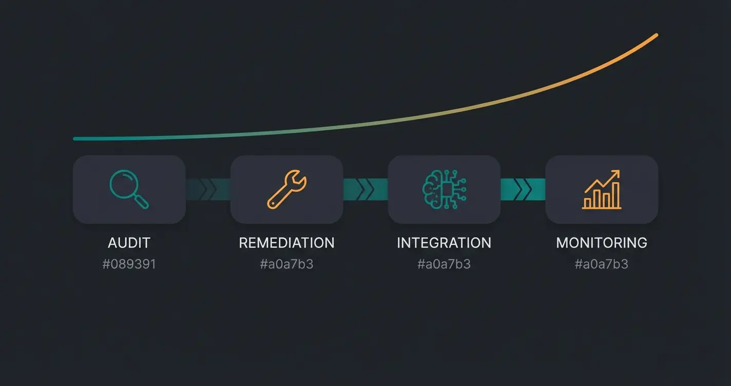Four-phase Magento SEO process diagram showing audit, remediation, AI integration, and monitoring stages