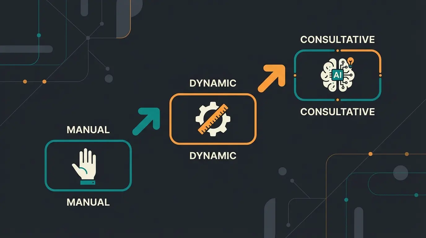 Timeline infographic showing the three stages of cross-selling evolution from manual to AI-driven