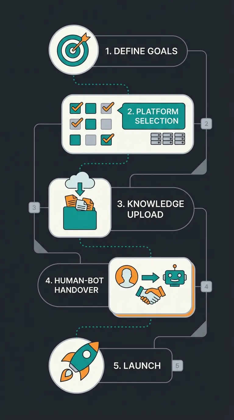 Step-by-step WhatsApp bot implementation workflow from goal setting to launch