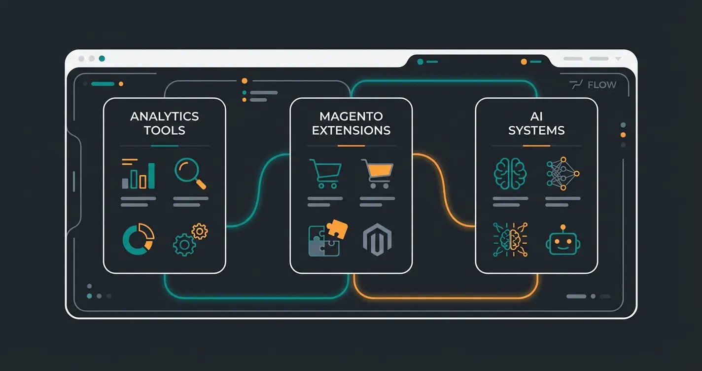 Modern Magento SEO tool stack visualization showing analysis, extensions, and AI tools
