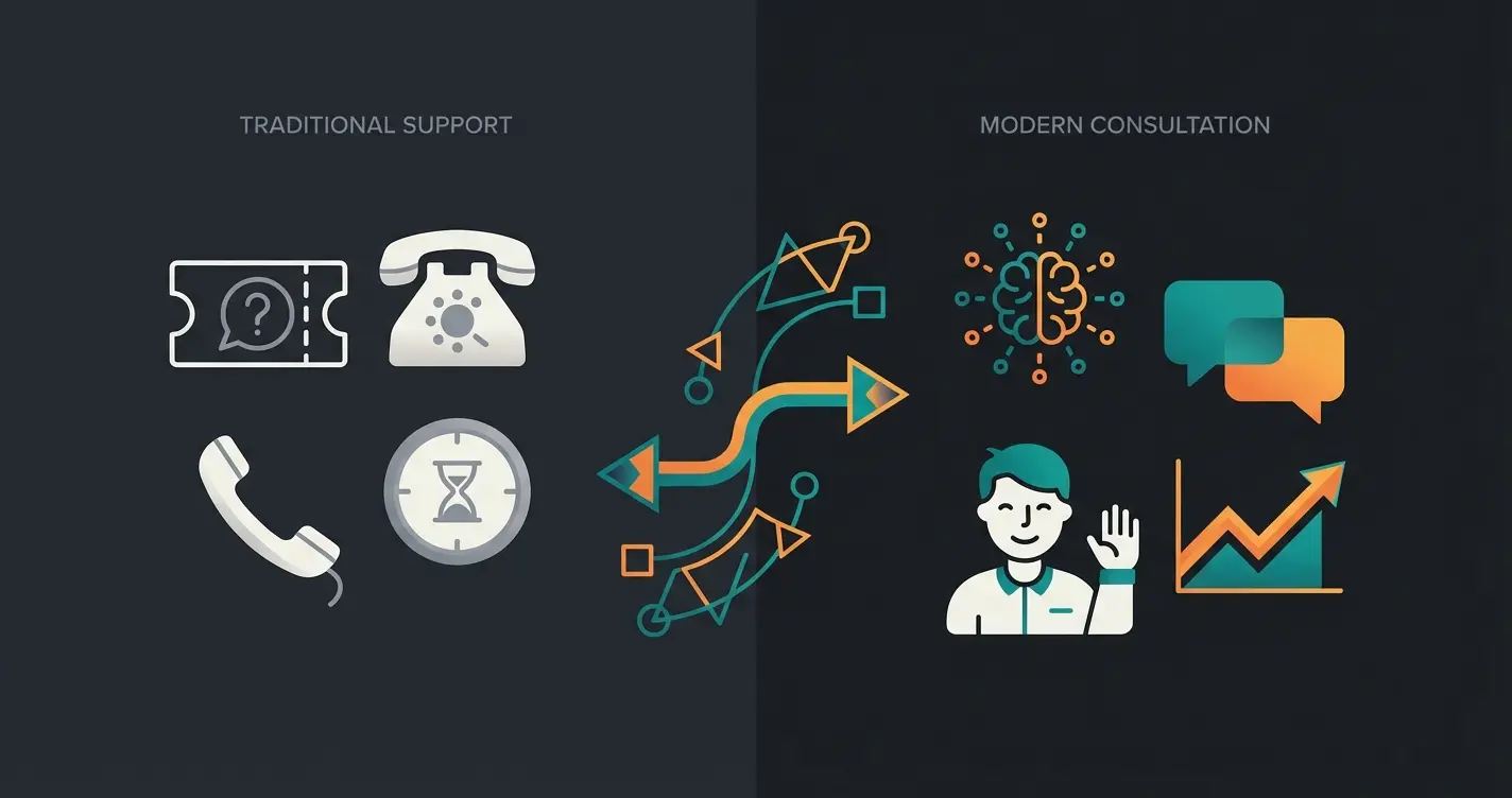 Abstract visualization of the transformation from traditional support to AI-powered consultation-driven customer service